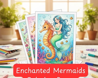 May include: A stack of coloring pages featuring mermaids and seahorses. The illustrations are in a whimsical style with bright colors. The text "Enchanted Mermaids Coloring Pages" is displayed on a red banner at the bottom of the image. Colored pencils and markers are scattered around.