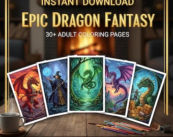 Dragon Coloring Book | 31 Pages Fantasy Adult DND Activity - Instant Download