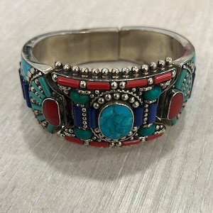 Vintage Tibetan Nepalese Cuff Bangle With Turquoise Coral And Lapis Lazuli Stone