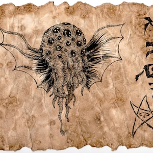 Puede incluir: Una ilustración en blanco y negro de una criatura monstruosa con múltiples ojos y tentáculos, dibujada sobre un fondo de pergamino con un pentagrama y texto en un idioma desconocido.