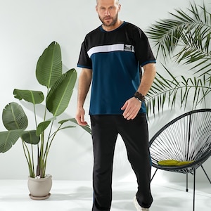 Blue Short Sleeve Shirt & Straight-Leg Pants with Elastic Waist, Casual Men’s Two-Piece Set, Comfortable Summer Luonge Outfit for Men