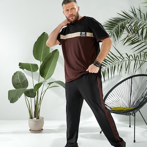 Men’s Two-Piece Casual Set, Brown Short Sleeve Shirt & Straight-Leg Elastic Waist Pants, Comfortable Summer Training Outfit for Men