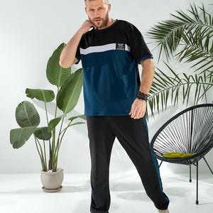 Blue Tracksuit Set for Men with Short Sleeve T-Shirt and Jogger Pants, Comfortable Everyday Two-Piece Outfit for Casual or Lounge Wear