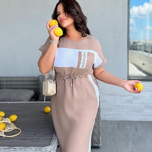 Beige Crinkled Linen Dress for Women, Loose Summer Midi Dress with Short Sleeves and Belt Option, Breathable Plus Size Casual Outfit