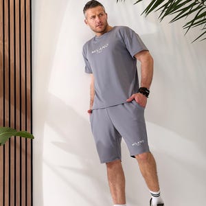 Gray Men’s Summer Tracksuit Set, Lightweight Plus Size T-Shirt and Shorts, 2-Piece Casual Sportswear for Warm Weather, Men’s Summer Clothes