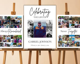 May include: Three white photo collage posters on easels. The center poster has the text "Celebrating the Life of Gabriel Johnson February 21, 1960 - January 5, 2024". The left poster has the text "Always Remembered" and the right poster has the text "Never Forgotten".