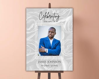 May include: A white memorial sign with a floral design and a black and white photo of a man. The text reads "Celebrating the life of James Johnson 10.5.1952 - 3.1.2025".