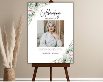 May include: A white memorial poster with a photo of a woman, green and pink floral accents, and the text "Celebrating the life of Gwen Johnson 10.5.1952 - 3.1.2025".