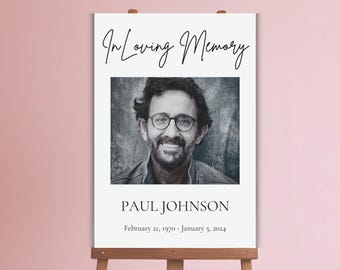 May include: A memorial sign on a wooden easel. The sign features a black and white portrait of a man wearing glasses, with the text "In Loving Memory" above the photo. Below the photo is the name "PAUL JOHNSON" and dates.