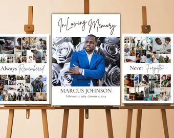 May include: Three white photo collage posters with black text. The center poster features a man in a blue suit with a bouquet of silver roses behind him. The text reads "In Loving Memory", "Marcus Johnson", "February 21, 1984 - January 5, 2024". The left poster has the text "Always Remembered" and the right poster has the text "Never Forgotten".