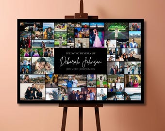 May include: A black and white photo collage on canvas featuring a variety of images, including people, landscapes, and cityscapes. The text "IN LOVING MEMORY OF Deborah Johnson June 3, 1960 - January 16, 2005" is printed in white at the center of the collage.