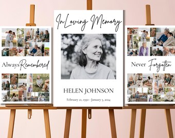 May include: Three white memorial posters with black text and photos. The center poster has a black and white photo of a woman and the text "In Loving Memory", "HELEN JOHNSON", and "February 21, 1950 - January 5, 2024". The left poster has a collage of photos and the text "Always Remembered". The right poster has a collage of photos and the text "Never Forgotten".