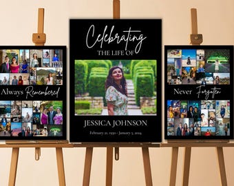 May include: Three black framed photo collages on easels. The center collage has a photo of a woman in a floral dress and the text "Celebrating the life of Jessica Johnson February 21, 1950 - January 5, 2024". The left collage has the text "Always Remembered" and the right collage has the text "Never Forgotten".