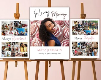 May include: Three white photo collage posters with black frames on wooden easels. The center poster features a smiling woman with a pink floral background and the text "In Loving Memory", "MAYA JOHNSON", and "February 21, 1984 - January 5, 2024". The left poster has the text "Always Remembered" and the right poster has the text "Never Forgotten".