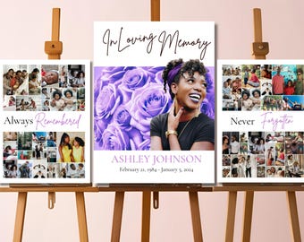 May include: Three white canvases with a collage of photos on each. The center canvas has a photo of a woman with a purple flower background and the text "In Loving Memory", "ASHLEY JOHNSON", "February 21, 1984 - January 5, 2024". The left canvas has the text "Always Remembered" and the right canvas has the text "Never Forgotten".
