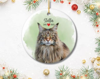 May include: Round ceramic ornament featuring a Maine Coon cat with brown and tan fur, set against a light green watercolor background. The name "Stella" is above the cat, with the years 2012 and 2025. A gold string is attached for hanging.