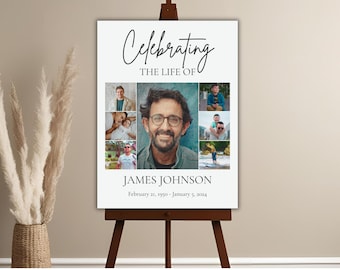 May include: A white poster with black text that reads "Celebrating the Life of James Johnson February 21, 1950 - January 5, 2024". The poster has a collage of photos of a man and his family.