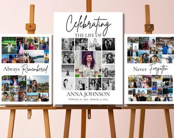 May include: Three white canvases with black text and a collage of photos. The center canvas reads "Celebrating the Life of Anna Johnson February 21, 1970 - January 5, 2024". The left canvas reads "Always Remembered" and the right canvas reads "Never Forgotten".