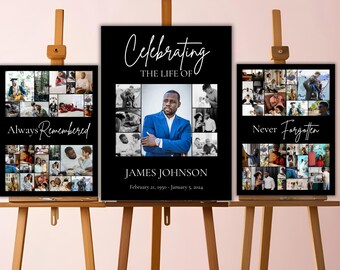 May include: A memorial display featuring three black panels on wooden easels. The central panel reads "Celebrating the Life of James Johnson" with a photo collage. The side panels say "Always Remembered" and "Never Forgotten" with photo collages.