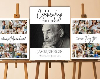 May include: Three white boards with black text and photos. The center board reads "Celebrating the Life of James Johnson February 21, 1950 - January 5, 2024". The left board reads "Always Remembered" and the right board reads "Never Forgotten".