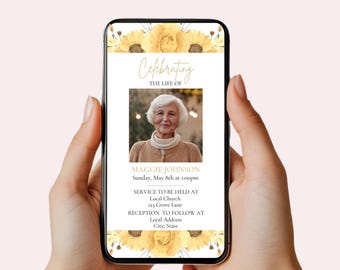 May include: A mobile phone screen displaying a memorial service announcement for Maggie Johnson. The announcement includes a photo of Maggie, the date and time of the service, the location of the church, and the address for the reception. The background of the announcement is decorated with yellow sunflowers.