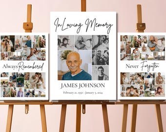 May include: Three white canvases with black text and photo collages. The center canvas has the text "In Loving Memory", "JAMES JOHNSON", and "February 21, 1950 - January 5, 2024". The left canvas has the text "Always Remembered" and the right canvas has the text "Never Forgotten".