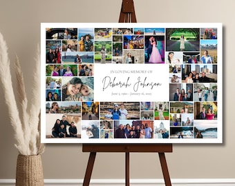 May include: A white canvas print with a collage of photos of a person's life. The text "IN LOVING MEMORY OF Deborah Johnson June 3, 1960 - January 6, 2019" is printed at the bottom of the collage.