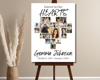 May include: A white canvas print with a heart-shaped photo collage of a woman and her family. The text "Forever in Our HEARTS" is at the top of the print. The woman's name, "Gemma Johnson", and the dates "October 3, 1952 - January 7, 2024" are at the bottom of the print.