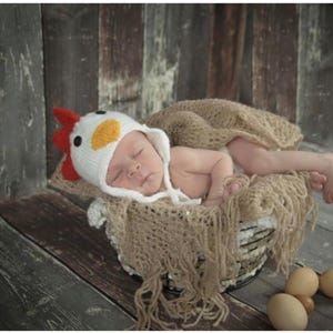 May include: A newborn baby wearing a white knitted chicken hat with red and yellow accents sleeps in a brown woven basket. The baby is wrapped in a brown crocheted blanket.