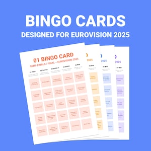ユーロビジョン・インスパイア・ビンゴ | ユーロビジョン・ソング・コンテスト | グランドファイナル・バーゼル 2025 | ESC パーティー | 4枚のカード | 印刷可能なパーティーゲーム | すぐにダウンロード