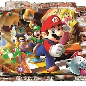 Könnte beinhalten: Ein farbenfrohes Bild mit Mario, Luigi, Prinzessin Peach und anderen Charakteren aus der Super Mario-Videospielserie. Die Charaktere sind in 3D dargestellt und treten aus einer Ziegelmauer hervor. Die Szene ist dynamisch, mit Fokus auf die ikonischen Charaktere.