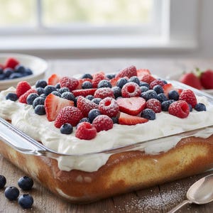 Puede incluir: Un molde cuadrado de vidrio para hornear lleno de un pastel dorado, cubierto con crema batida, fresas frescas, frambuesas y arándanos. El postre está espolvoreado con azúcar en polvo, y una cuchara descansa sobre la superficie de madera.