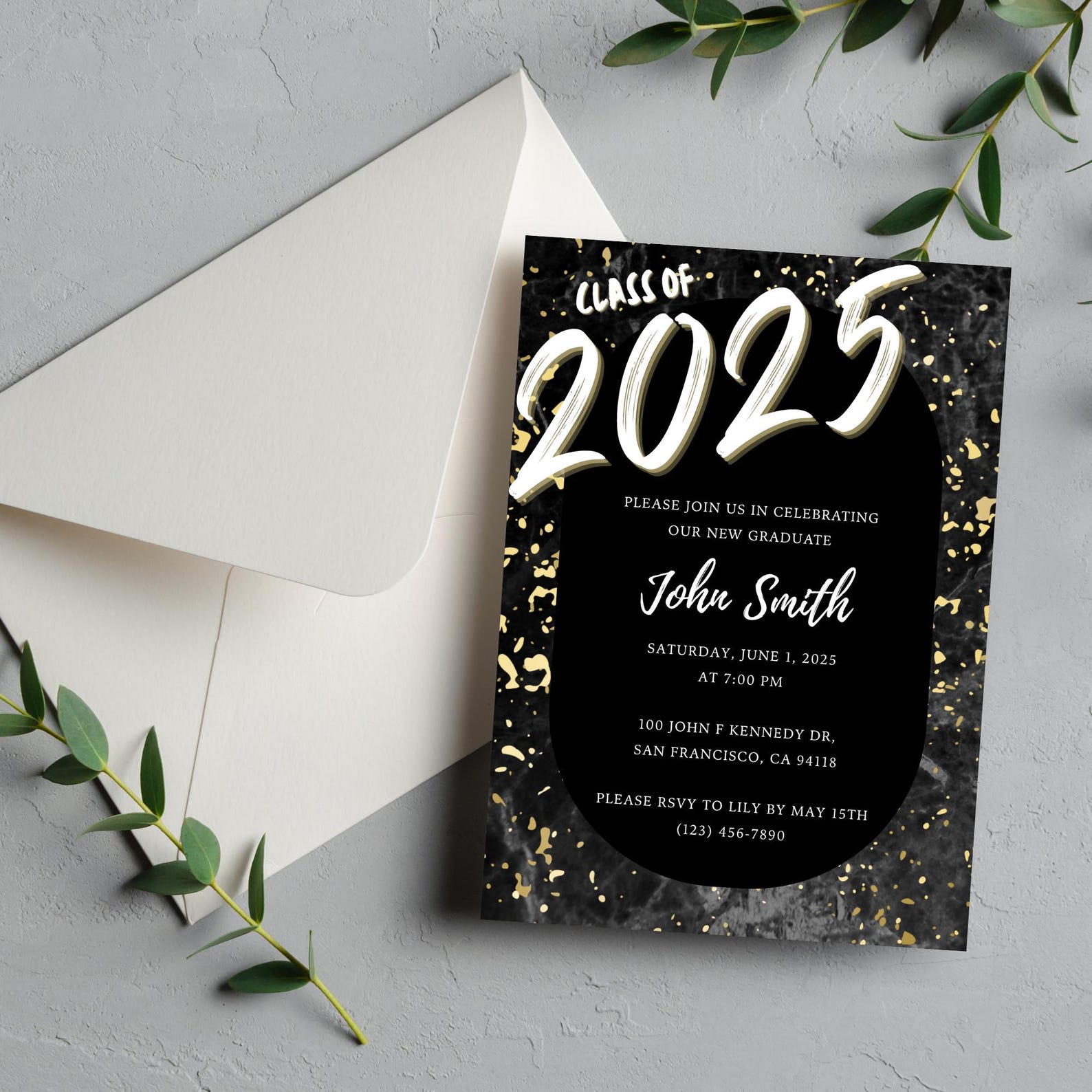 Black Gold Graduation Party Invitation Template, Class of 2025 ...