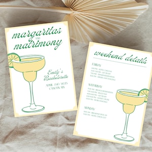 May include: A printable invitation for a bachelorette party in Cancun, Mexico. The invitation features a margarita glass with a lime wedge and the text "margaritas and matrimony" and "Emily's Bachelorette" with the date April 8th, 2025. The invitation also includes a separate card with the weekend details for the party.