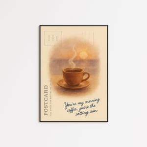 Café du matin et coucher de soleil - Impression d'art lyrique inspirée, style carte postale vintage