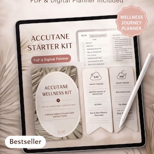 Könnte beinhalten: Ein digitaler Tablet-PC, der das "Accutane Starter Kit" mit einem "Wellness Journey Planner"-Abzeichen anzeigt. Der Bildschirm zeigt ein Inhaltsverzeichnis, tägliche Pflegetipps und Fortschrittsverfolgungen. Ein weißer Stift liegt auf dem Bildschirm.