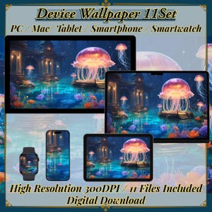 Ocean Fantasy Jellyfish Wallpaper 11Set – Dreamy Underwater Temple | Digital Download | Desktop, Mobile, Tablet, Smartwatch