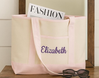 Embroidered Canvas Tote Bag | Personalized Heavy Cotton, Zipper Pocket | Custom Personalization Upgrade