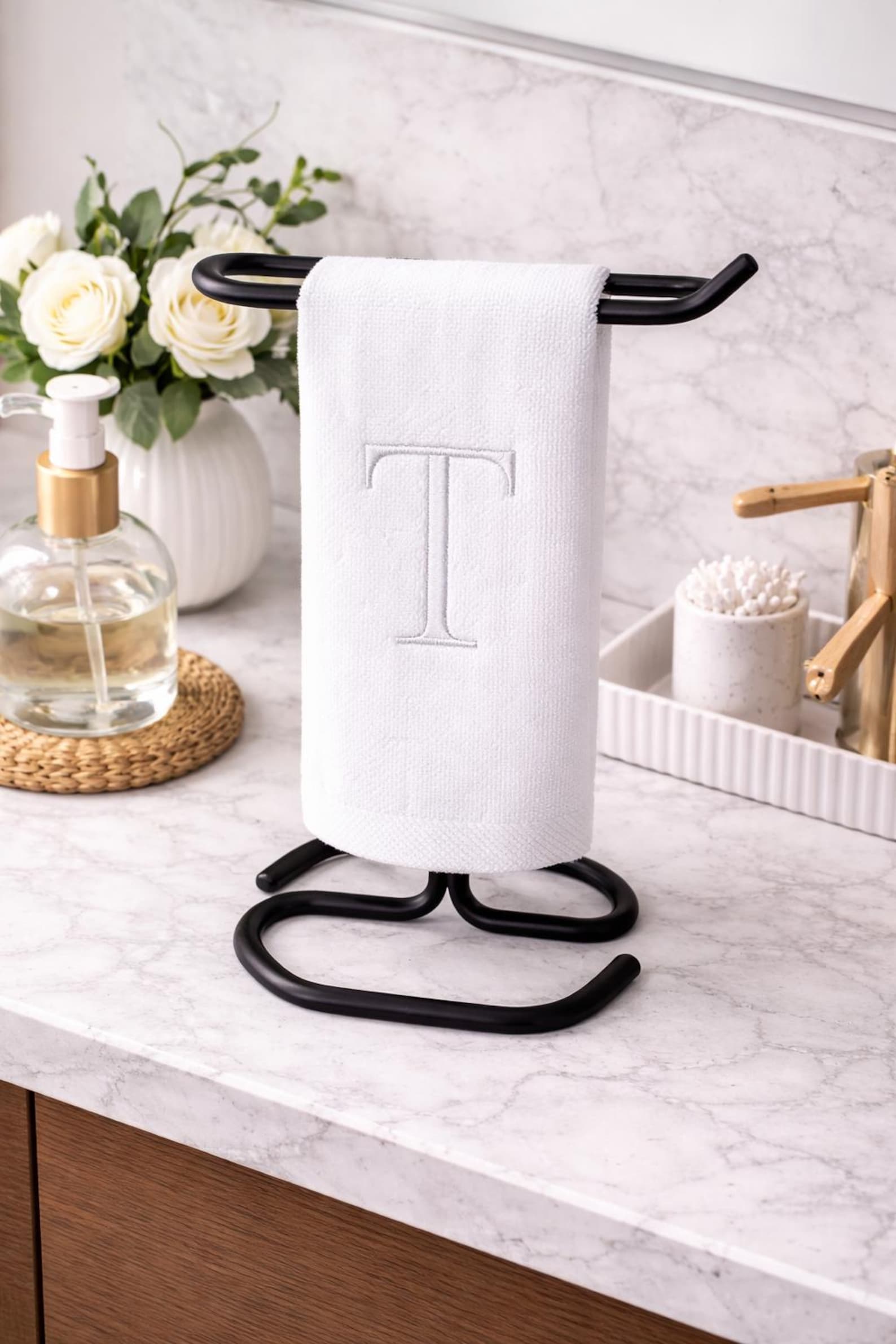 S Monogrammed Hand Towel | Embroidered Initial, Modern Bathroom Decor, Wash Cloth Towel - White, White