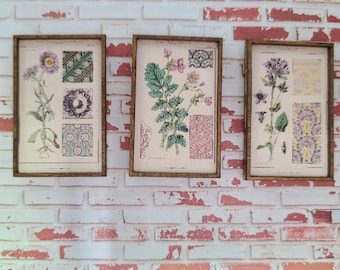 Dollhouse Wall Art Floral Print Set Vintage Botanical Art Prints William Morris Style Framed Pictures 1:12 Scale