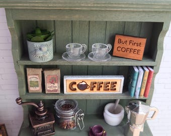 Dollhouse Miniature Coffee Hutch Fully Decorated Kitchen Furniture Artisan Mini Coffee Bar Dollhouse Collector Display Piece 1:12 scale