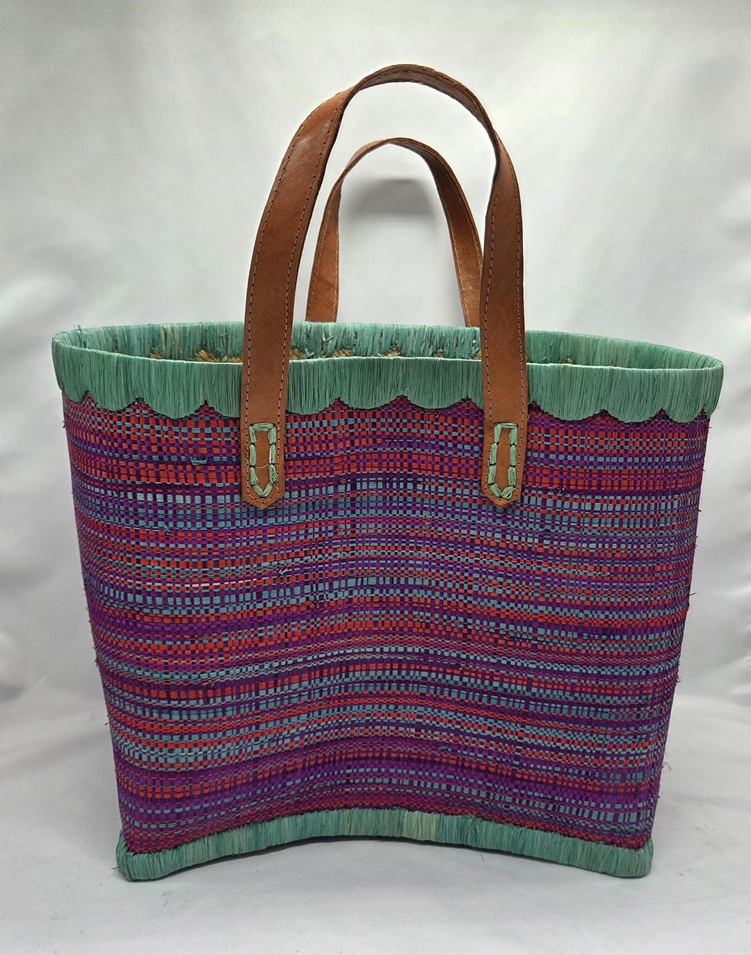 Teal and Purple Striped Raffia Tote Bag - Handmade Malagasy Raffia Bag ...
