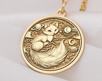 14K Gold Space Fox Medallion Necklace: Cosmic Jewelry