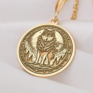 14K Solid Gold Lone Wolf Necklace, Gold Wolf Pendant with Forest Motif, Silver Wolf Charm, Animal Lovers Gift Jewelry, Gold Wolf Medallion