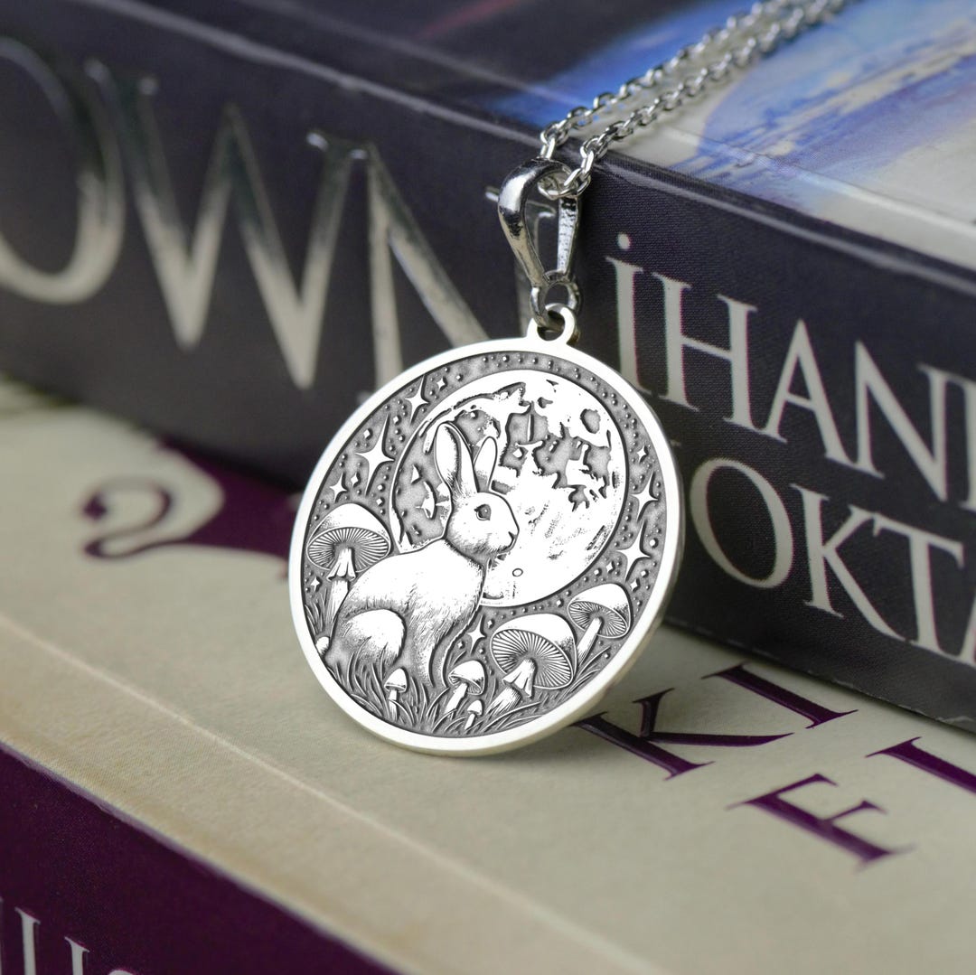 14K Solid Gold Rabbit Charm Necklace, Silver Moon Bunny Jewelry, Lunar ...