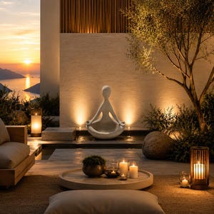May include: A stone sculpture of a figure in a seated meditation pose positioned in a shallow water feature. The scene includes a round stone table with several lit pillar candles, a small potted plant, and a floor cushion on a woven rug.