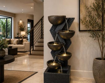 Puede incluir: Una fuente de agua de suelo de varios niveles con cinco cuencos apilados de color bronce dispuestos en un patrón en zigzag sobre una columna vertical oscura y texturizada. La fuente incluye iluminación integrada en cada cuenco.