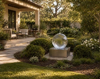 Könnte beinhalten: Ein kugelförmiger Wasserbrunnen aus Glas mit einer texturierten, rissigen Oberfläche. Die klare Kugel ruht auf einem quadratischen Sockel aus gebürstetem Metall und bildet ein modernes Wasserspiel in einer Gartenlandschaft.