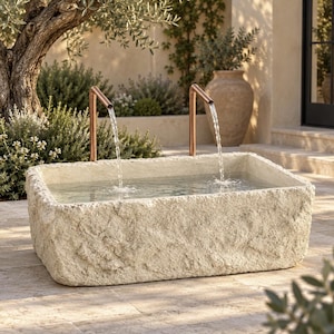 May include: A rectangular stone water fountain with a rough, textured exterior surface. Two copper pipes extend upward from the back edge, each pouring a steady stream of clear water into the basin, which is filled with water to the brim.