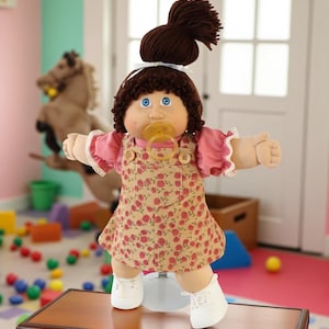 May include: A Cabbage Patch Kid doll with brown yarn hair in a bun and blue eyes. The doll wears a pink dress with a floral print and white shoes. It has a dummy in its mouth and is standing on a wooden box.
